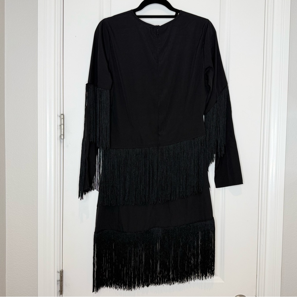 Topshop Black Long Sleeve Fringe Dress Womens size 8 Mobwife Cowgirl edgy - Picture 7 of 13